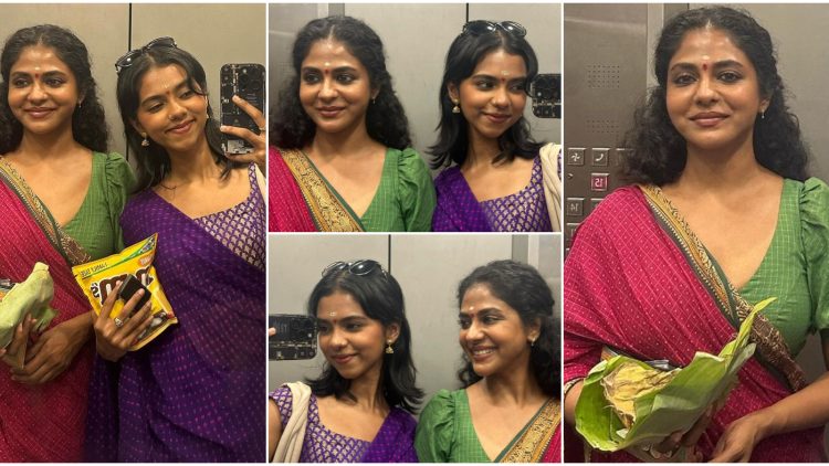 Poornima-Indrajith-With-Daughter-Prarthana-Indrajith-In-Saree